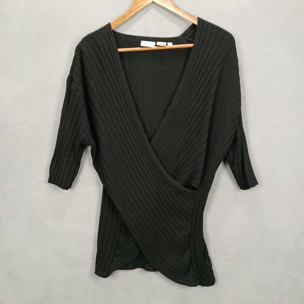 Newport News Sweater Womens Large Black Rayon Cable Knit Plunge V Neck Warm Wear